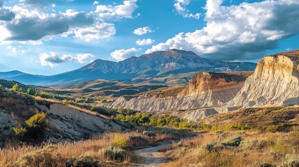 Cretaceous era geological formations with mountains under a dramatic sky showcasing natural beauty and diverse landscapes.