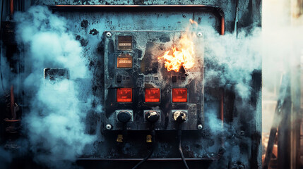 Electrical panel engulfed in flames creates a striking contrast of beauty and chaos in a surreal landscape