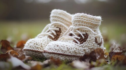 Obraz premium Crochet Baby Football Boots on Grass Surrounded by Autumn Leaves in Soft Natural Lighting