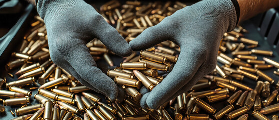 Worker in grey gloves handles 5.56mm rifle cartridges on a dark table showcasing a detailed assembly environment