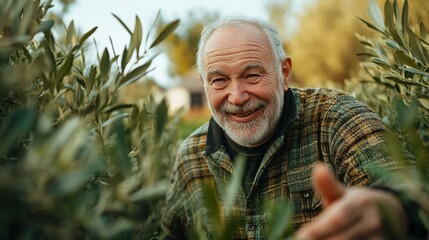 Happy Senior Man Smiling in Olive Tree Orchard During Harvest Season in Nature
