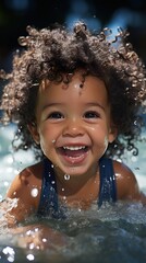 Obraz premium Happy young black toddler learning to swim in pool on summer vacation. 
