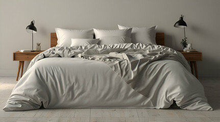 Blank white bed with pillows mockup, side view, isolated, 3d rendering. Empty bedclothes mock up. Clear blanket in bedstead. Doublebed with mattress and bedsheet. Doss with pilows and duvet,generative