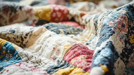 Fototapeta premium Floral Patchwork Fabric Close Up Showcasing Expert Textile Techniques in Beautiful Linen Textures and Vibrant Patterns