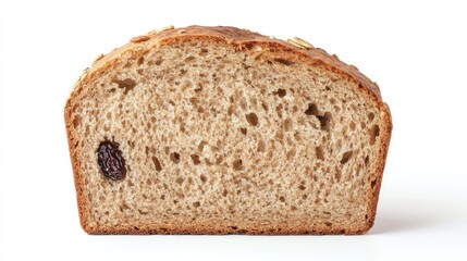 Cross section of artisanal light brown bread showcasing nuts and raisins with a rustic homemade appearance on a clean background