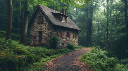 Rustic Stone Cottage Along a Forest Trail in Lush Green Woods