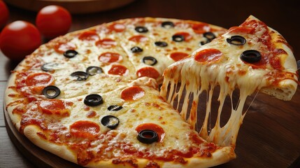 Cheesy pepperoni pizza with black olives served on a wooden platter with fresh tomatoes in background
