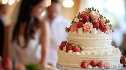 Elegant wedding cake adorned with fresh strawberries and roses showcasing a romantic celebration atmosphere.