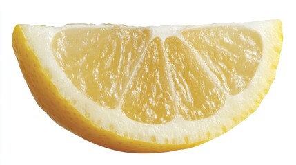 Fresh lemon slice on white background showcasing its juicy texture and vibrant color ideal for culinary or beverage themes.
