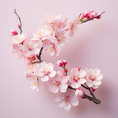 spring double sakura flowering tree branch with pink flowers on studio on light pink background