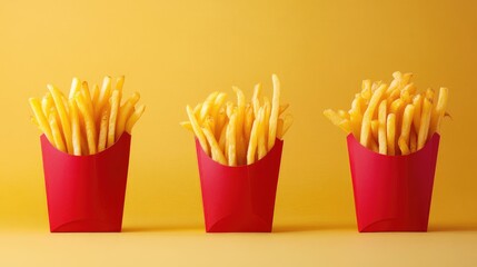 colorful servings of crispy french fries in vibrant containers on a bright yellow background showcasing fast food indulgence and craving