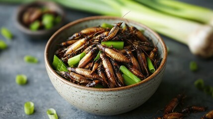 Healthy edible insects with spring onions in a rustic bowl showcasing sustainable protein source for alternative food options