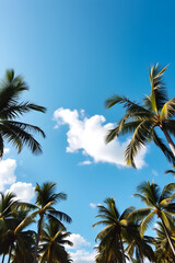 Obraz premium A beautiful view of tall palm trees against a bright blue sky with fluffy white clouds. The scene evokes a tropical paradise, perfect for relaxation and vacation vibes.
