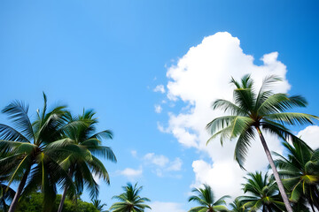 Obraz premium A beautiful view of tall palm trees against a bright blue sky with fluffy white clouds. The scene evokes a tropical paradise, perfect for relaxation and vacation vibes.