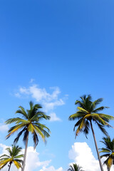 Obraz premium A beautiful view of tall palm trees against a bright blue sky with fluffy white clouds. The scene evokes a tropical paradise, perfect for relaxation and vacation vibes.