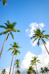 Obraz premium A beautiful view of tall palm trees against a bright blue sky with fluffy white clouds. The scene evokes a tropical paradise, perfect for relaxation and vacation vibes.