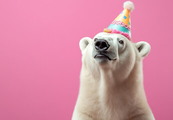 A polar bear wears a colorful party hat, looking cheerful against a vibrant pink backdrop, evoking a playful and festive atmosphere.