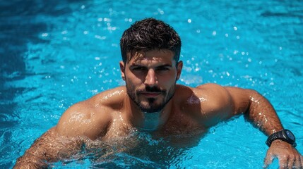A man is in a pool, wearing a watch and looking at the camera