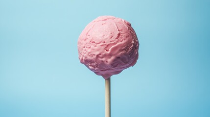 Pink cake pop with creamy coating on a light blue backdrop ideal for dessert promotions and bakery advertisements.