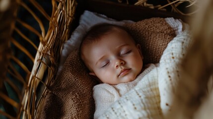 A baby is sleeping in a basket