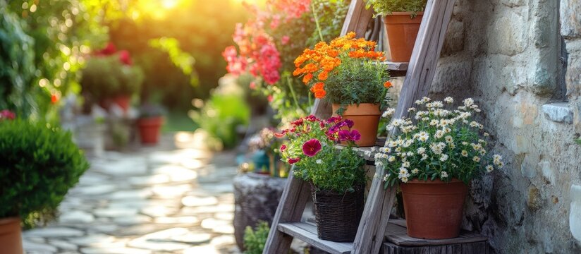 Fototapeta Charming garden scene featuring a decorative step ladder embellished with vibrant potted flowers and a warm, inviting atmosphere