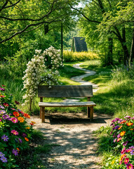 Beautiful garden path with colorful flowers and a wooden bench under lush green trees. Generative AI
