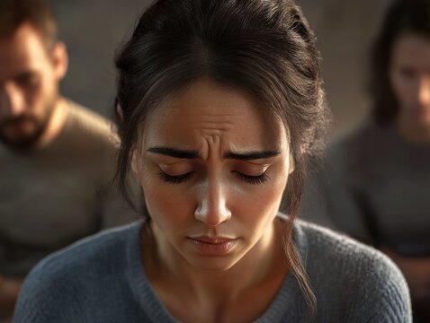 A contemplative young woman of Middle Eastern descent shows a pensive expression amidst a group setting. - Powered by Adobe