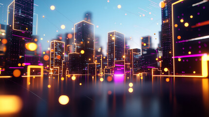 Obraz premium A vibrant, futuristic cityscape featuring illuminated skyscrapers and floating orbs, set against a twilight sky, creating a magical, tech-inspired atmosphere.