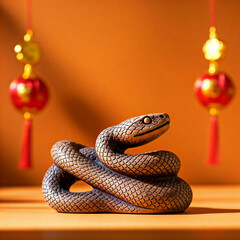 Fototapeta premium Wood snake zodiac sign figure on a orange background, copy space, with oriental Chinese ornaments, Chinese New Year 2025 concept, Year of the Wooden Snake
