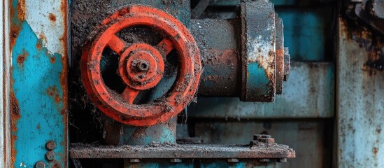 Rusty machinery detail in an abandoned industrial building showcasing peeling paint and the remnants of a forgotten era of production