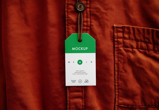 Clothing Label Tag Mockup on Orange Shirt &ndash; Realistic Garment Branding Template for Fashion Packaging, Apparel Presentation, or Retail Product Display