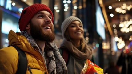 Obraz premium A man and woman are smiling and holding bags of candy