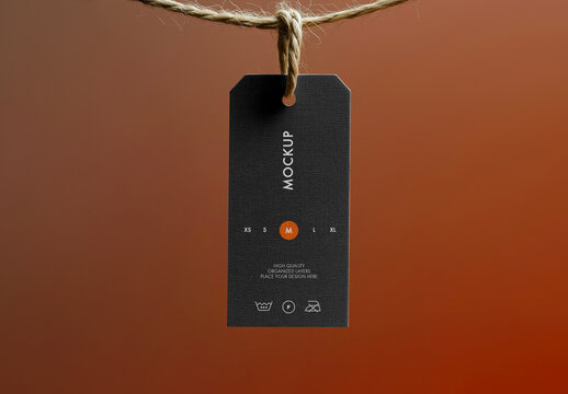 Black Clothing Label Tag Mockup Hanging on Rope &ndash; Realistic Fashion Branding Template for Apparel Packaging, Boutique Product Presentation, or Retail Label Design