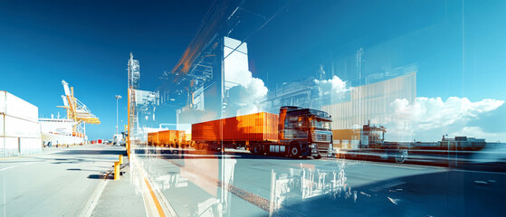 Obraz premium Dynamic digital collage showcasing diverse cargo transportation modes on a vivid blue backdrop