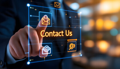 Contact Us Concept, Hand Pointing at Digital Contact Interface, Customer Support and Communication, Reaching Out, Digital Contact Us Interface with Icons