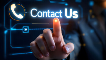Contact Us Concept, Hand Pointing at Digital Contact Interface, Customer Support and Communication, Reaching Out, Digital Contact Us Interface with Icons