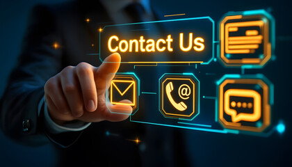 Contact Us Concept, Hand Pointing at Digital Contact Interface, Customer Support and Communication, Reaching Out, Digital Contact Us Interface with Icons