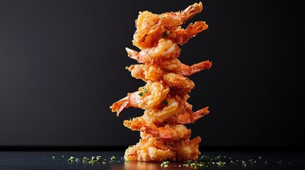 Crispy fried shrimp stacked elegantly showcasing texture and flavor against a dark background for enticing culinary presentation.
