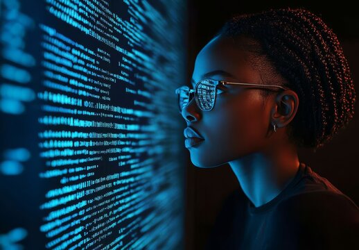 An African American woman programmer analyzing code on her screen.