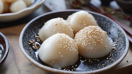 Crispy sesame dumplings topped with sesame seeds served on a rustic plate showcasing delicious sweet bean paste dessert