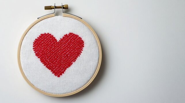Heart shaped cross stitch embroidery in hoop on white fabric showcasing a love theme for sewing and craft enthusiasts