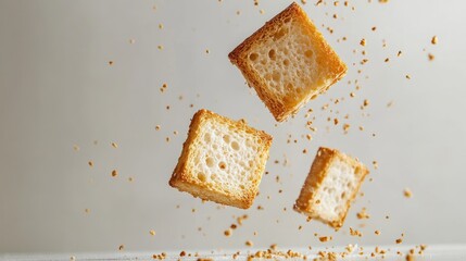 Crispy rusk slices floating above a white surface showcasing texture and crunch ideal for food related advertisements and presentations