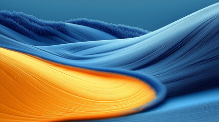 Abstract digital art displaying smooth flowing waves in blue and orange hues, inspired by natural landscapes