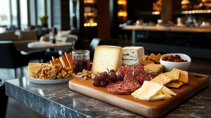 International cheese and charcuterie board with crackers and nuts at a hotel lounge
