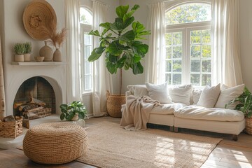 Modern Living Room with Fiddle Leaf Fig and Arched Window &ndash; Minimalist Decor