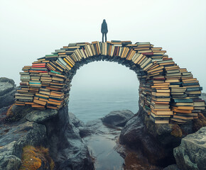 Person standing on a bridge made of books over a rocky shoreline with misty ocean view