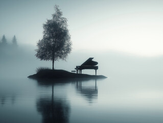 Serene piano on a misty island surrounded by still waters, inviting thoughts of solitude and reflection in early morning light