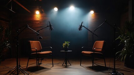 Intimate podcast room setup with microphones and chairs under spotlight for a professional ambiance