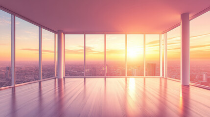 A professional photograph of a spacious interior with large floor-to-ceiling windows, warm golden light flooding through, the room bathed in a soft