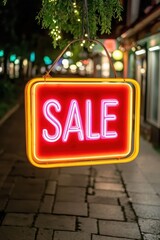 Bright neon sale sign hanging, attracting attention in a bustling shopping area, perfect for promotional content.